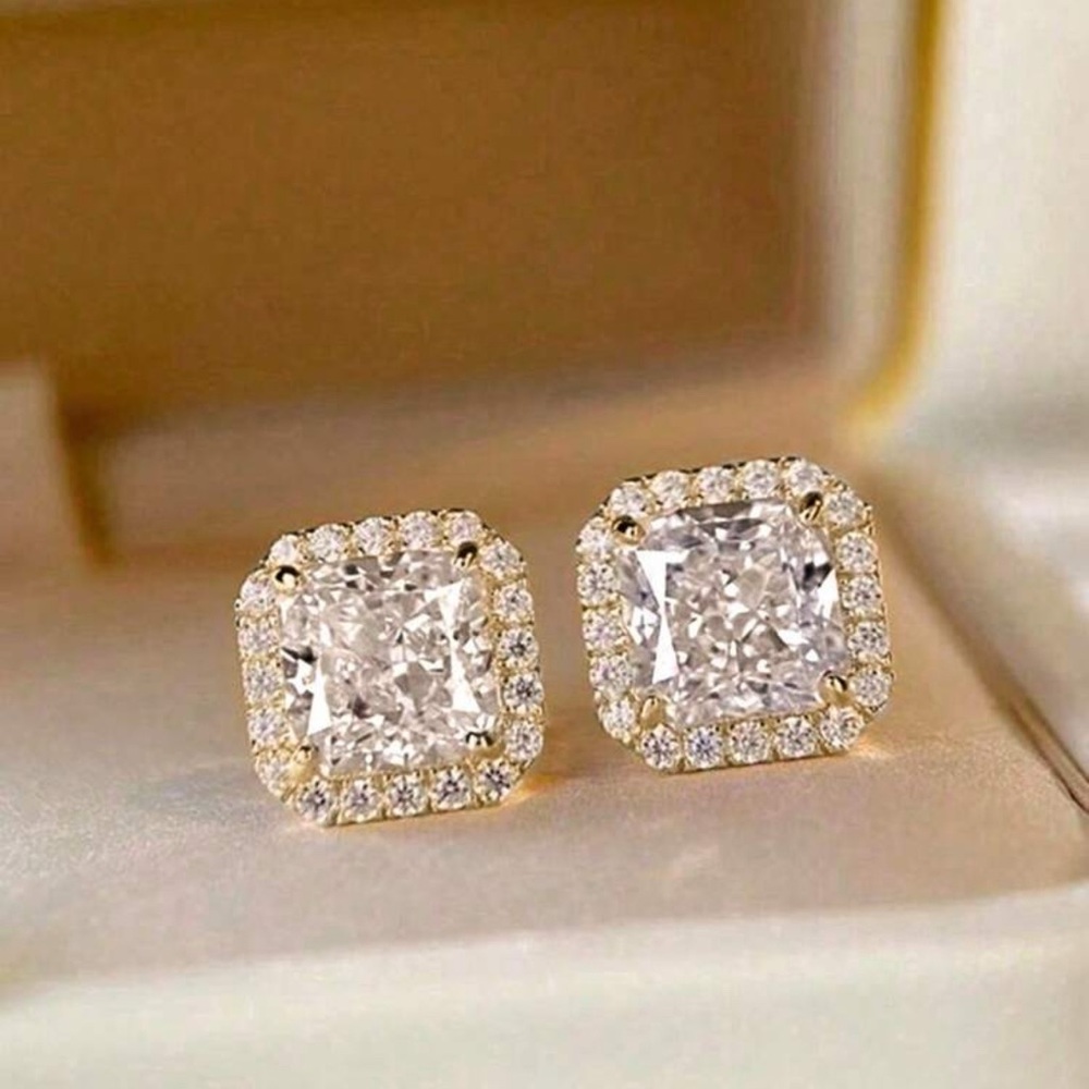 Gold CZ Square Halo Stud Earrings Rhinestone Statement Crystal Studs
